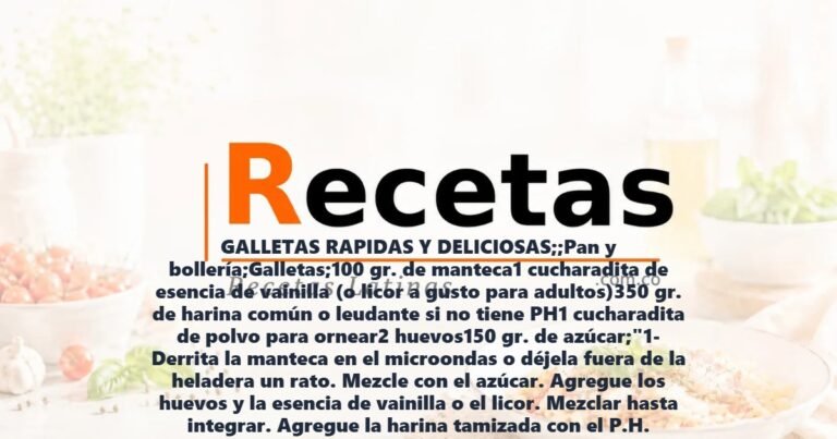 GALLETAS RAPIDAS Y DELICIOSAS;;Pan y bollería;Galletas;100 gr. de manteca1 cucharadita de esencia de vainilla (o licor a gusto para adultos)350 gr. de harina común o leudante si no tiene PH1 cucharadita de polvo para ornear2 huevos150 gr. de azúcar;"1- Derrita la manteca en el microondas o déjela fuera de la heladera un rato. Mezcle con el azúcar. Agregue los huevos y la esencia de vainilla o el licor. Mezclar hasta integrar. Agregue la harina tamizada con el P.H. Mezclar. Dejar reposar en la heladera unos 30′. Retirar de la heladera, estirar, cortar y hornear en horno moderado por unos 10′