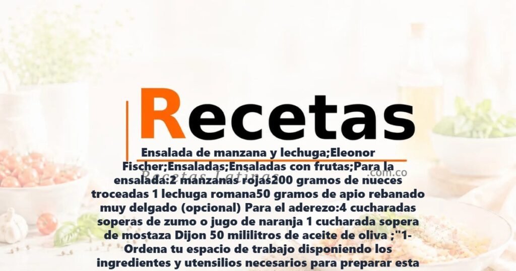 Ensalada de manzana y lechuga;Eleonor Fischer;Ensaladas;Ensaladas con frutas;Para la ensalada:2 manzanas rojas200 gramos de nueces troceadas 1 lechuga romana50 gramos de apio rebanado muy delgado (opcional) Para el aderezo:4 cucharadas soperas de zumo o jugo de naranja 1 cucharada sopera de mostaza Dijon 50 mililitros de aceite de oliva ;"1- Ordena tu espacio de trabajo disponiendo los ingredientes y utensilios necesarios para preparar esta exquisita receta. Así, lava muy bien la lechuga, separa las hojas y córtalas si es necesario. Luego, corta el apio en rodajas muy delgadas