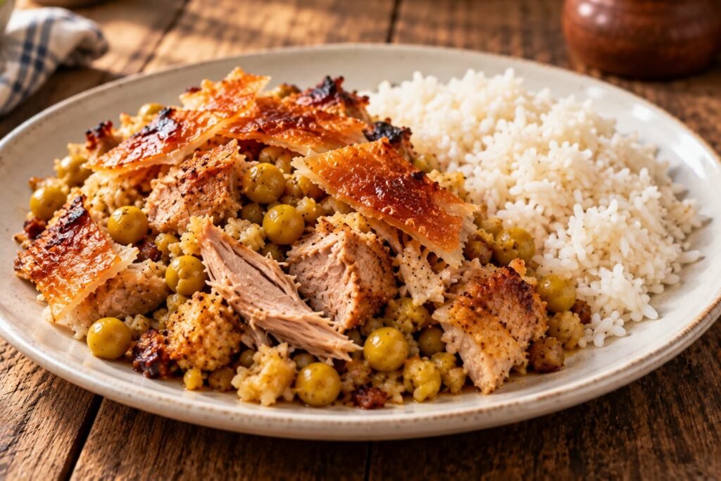 Plato de lechona tolimense con cerdo, arvejas y piel crujiente, acompañado de arroz blanco.