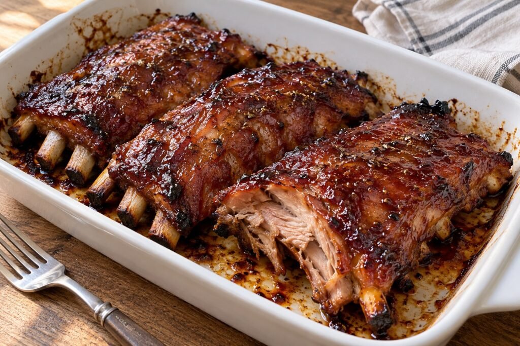 Porciones de costillas de cerdo doradas con glaseado brillante de barbacoa y miel, servidas en una fuente blanca.
