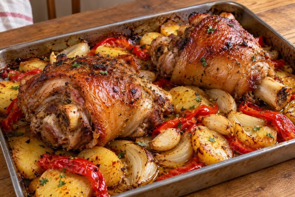 Dos codillos de cerdo dorados al horno sobre rodajas de patata, cebolla y tiras de pimiento rojo en una bandeja.