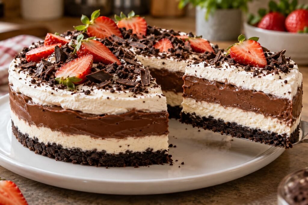 Postre frío de chocolate y Oreo sin horno con capas de galleta Oreo, crema batida, chocolate y fresas frescas.