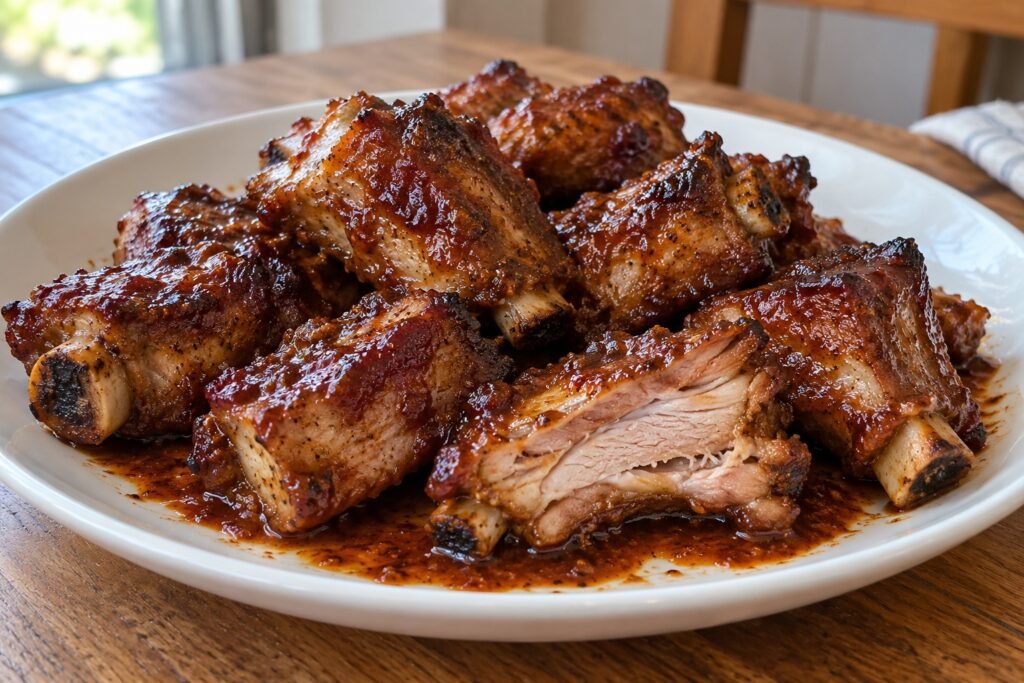 Trozos cortos de costillas de cerdo doradas con salsa barbacoa, huesos visibles y carne tierna, servidos en un plato blanco.