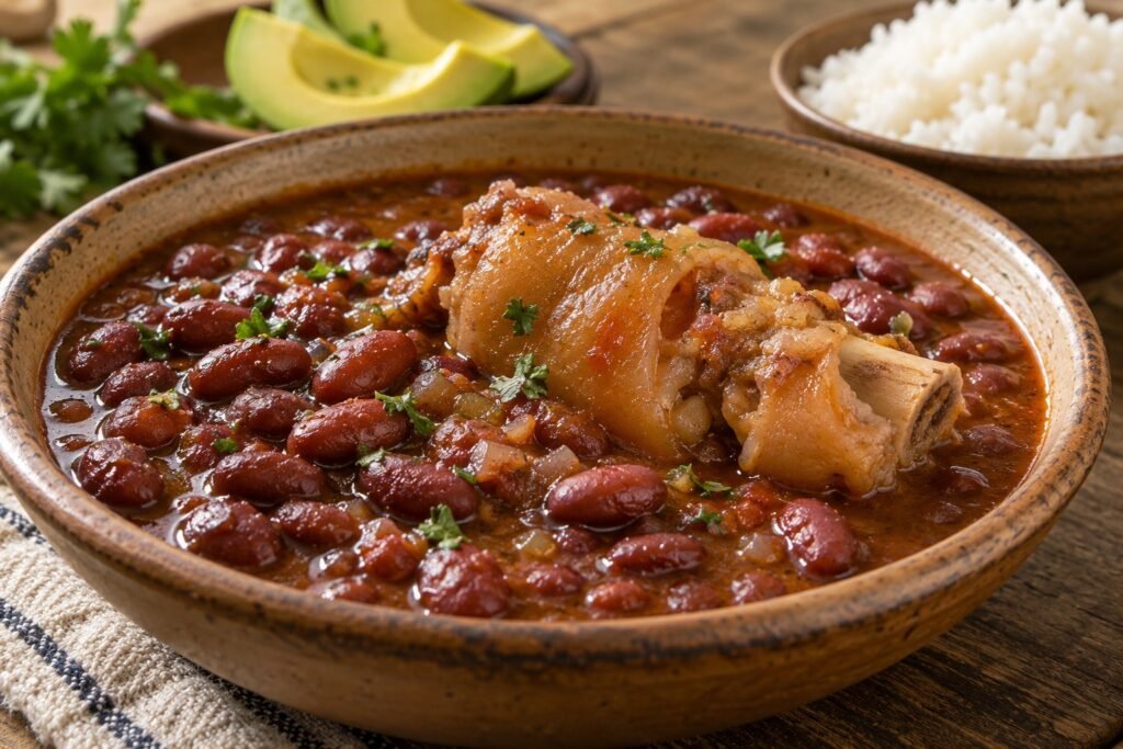 Frijoles rojos en caldo espeso de tomate y cebolla con una porción de pata de cerdo tierna, servidos en un plato de cerámica junto a arroz blanco y aguacate.