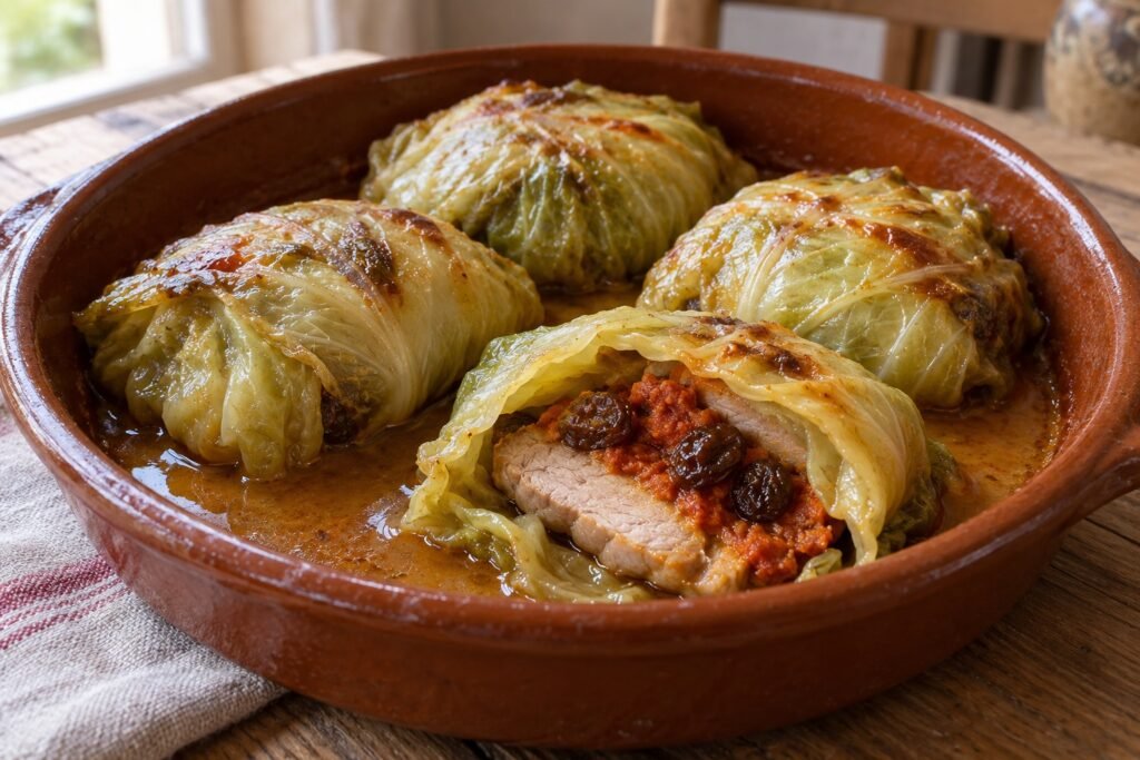 Paquetitos de col horneados en una cazuela, con uno abierto que muestra lomo de cerdo, sobrasada y pasas.