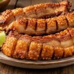 Chicharrón colombiano crujiente y dorado servido en un plato rústico con arepa y un gajo de limón.