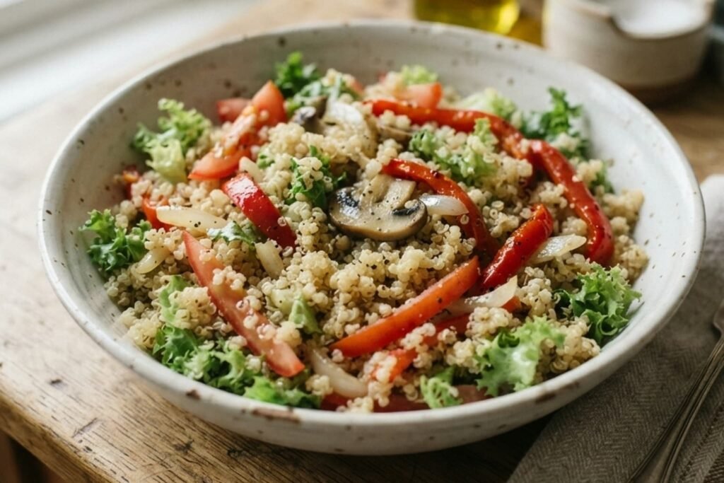 Ensalada de quinoa con lechuga crespa, tomate, champiñones salteados, cebolla y tiras de pimiento asado en un cuenco de cerámica.