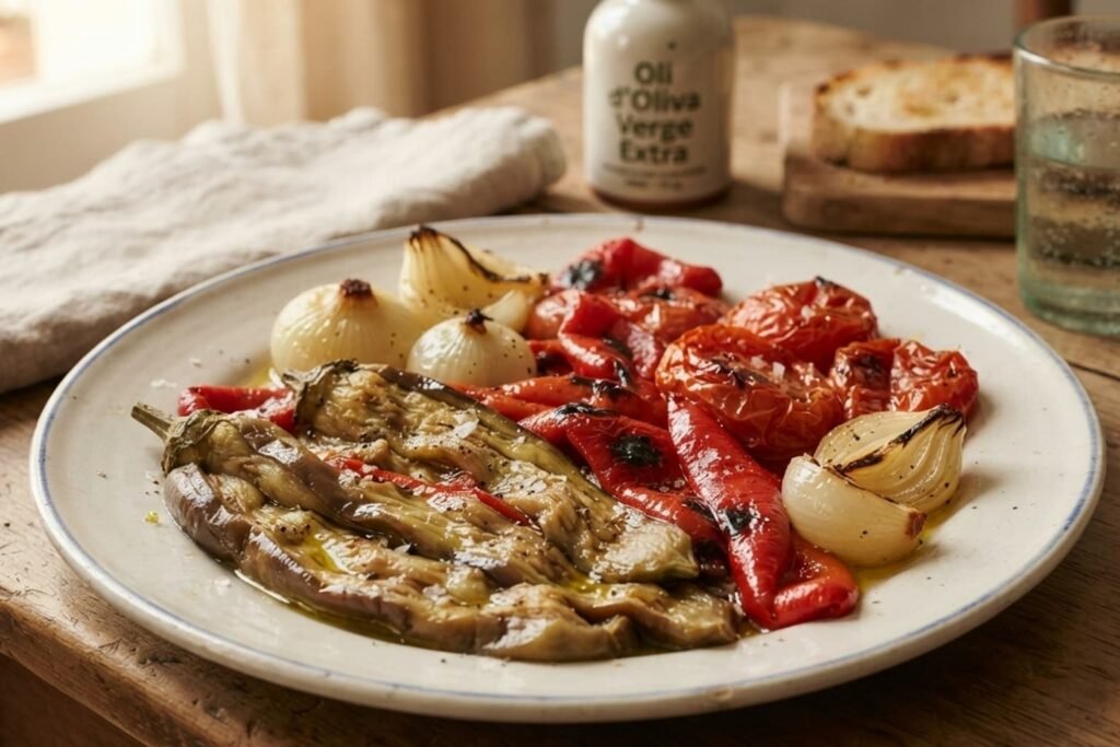 Escalivada catalana con berenjena, pimiento rojo, tomate y cebolla asados, servida con aceite de oliva en un plato de cerámica.
