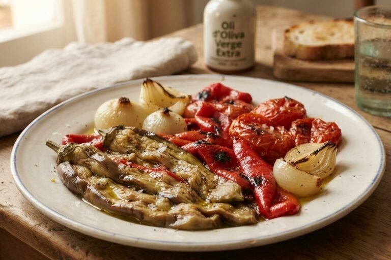 Escalivada catalana con berenjena, pimiento rojo, tomate y cebolla asados, servida con aceite de oliva en un plato de cerámica.