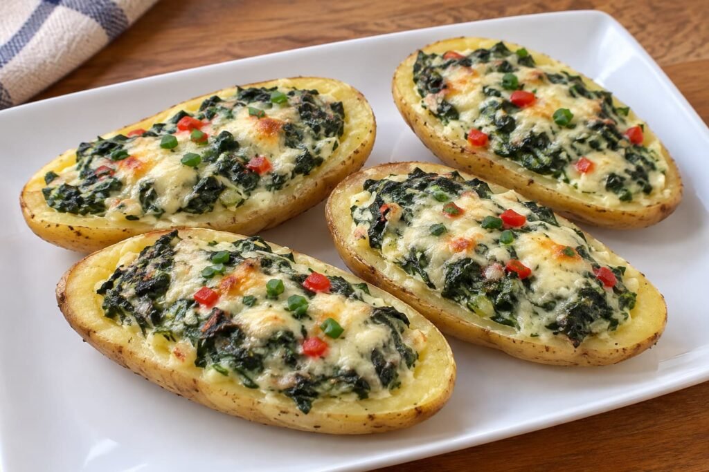 Cuatro mitades de patata rellenas de espinacas y mozzarella fundida, decoradas con cebollino y pimiento rojo en una fuente blanca.