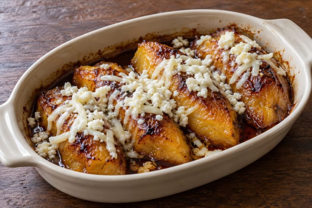 Plátanos tentación al horno con bordes caramelizados, salsa dulce y queso campesino rallado, servidos en una fuente de cerámica blanca.