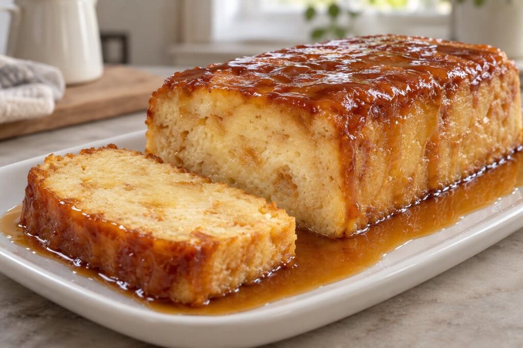 Pudin casero al horno cubierto de caramelo, con una tajada cortada que muestra su interior húmedo de pan, servido en una fuente blanca.