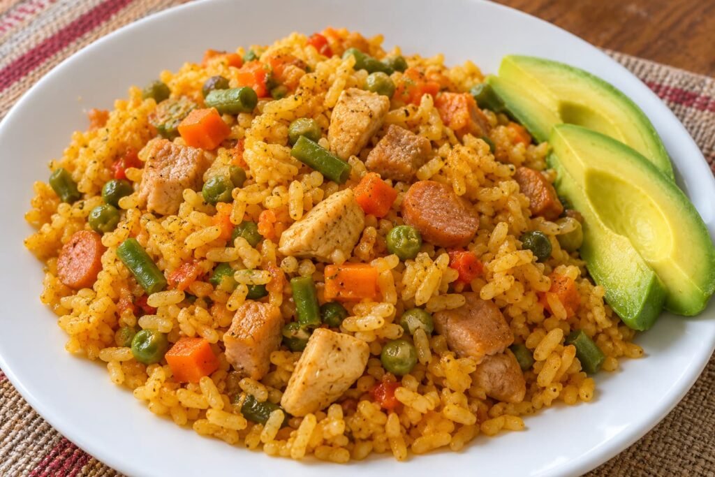 Arroz mixto colombiano casero con pollo, cerdo, salchichas, zanahoria, habichuelas y arvejas, acompañado de aguacate en un plato blanco.