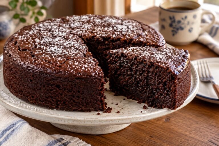 Torta de chocolate peruana casera, con miga oscura y húmeda, una porción cortada que muestra su interior esponjoso y una ligera capa de azúcar pulverizada.