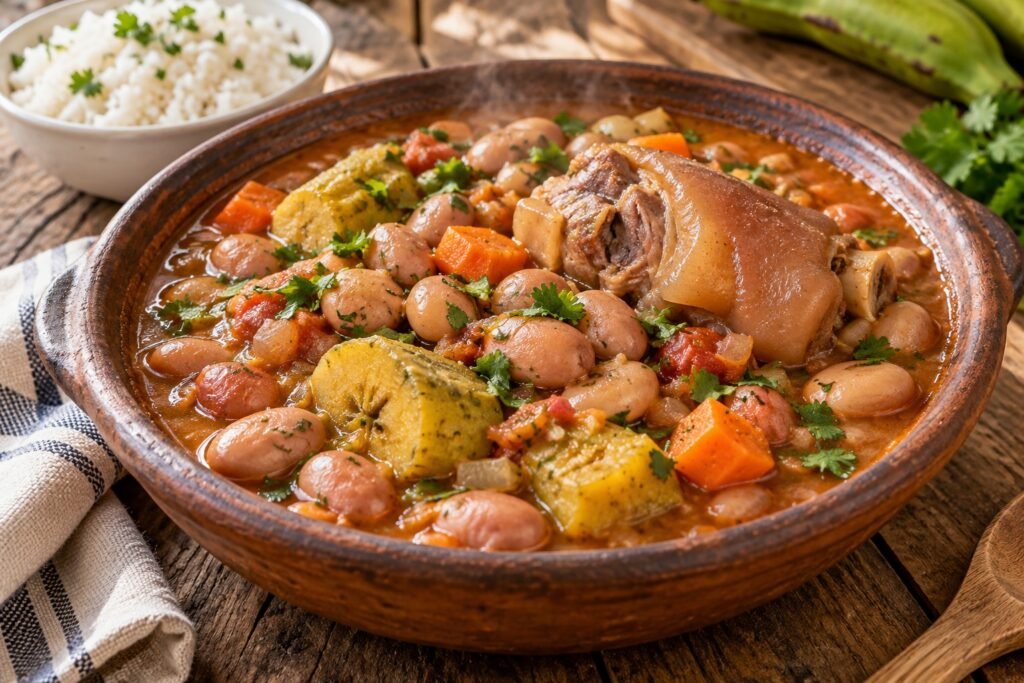 Frijoles frescos colombianos en un guiso espeso con pata de cerdo, plátano verde, zanahoria y cilantro, servidos junto a arroz blanco.