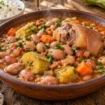 Frijoles frescos colombianos en un guiso espeso con pata de cerdo, plátano verde, zanahoria y cilantro, servidos junto a arroz blanco.