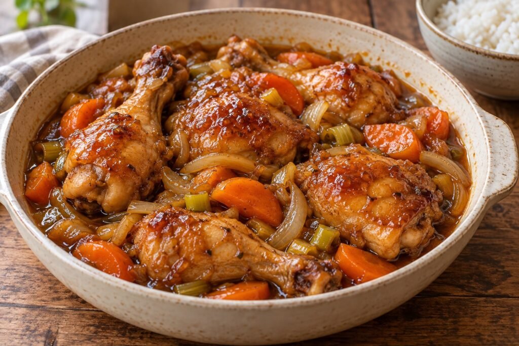 Muslos y contramuslos de pollo dorados con salsa agridulce de panela, miel y limón, zanahoria, cebolla y puerro, servidos en una fuente de cerámica.