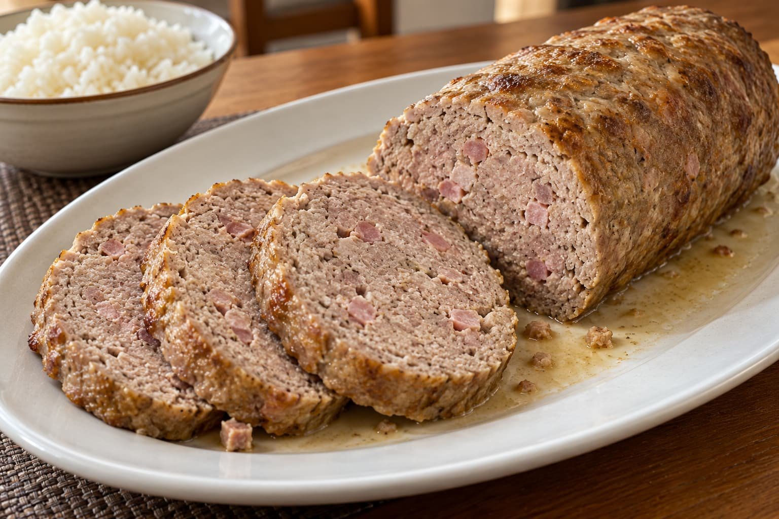 Rollo de carne colombiano cortado en tajadas, con trocitos de jamón integrados en la carne, servido en una fuente blanca junto a arroz.