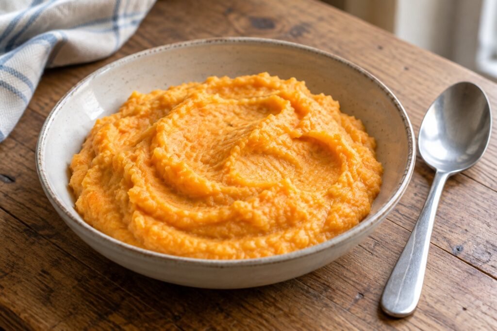 Puré espeso de zanahoria y puerro con crema de leche, servido sin adornos en un cuenco de cerámica junto a una cuchara.