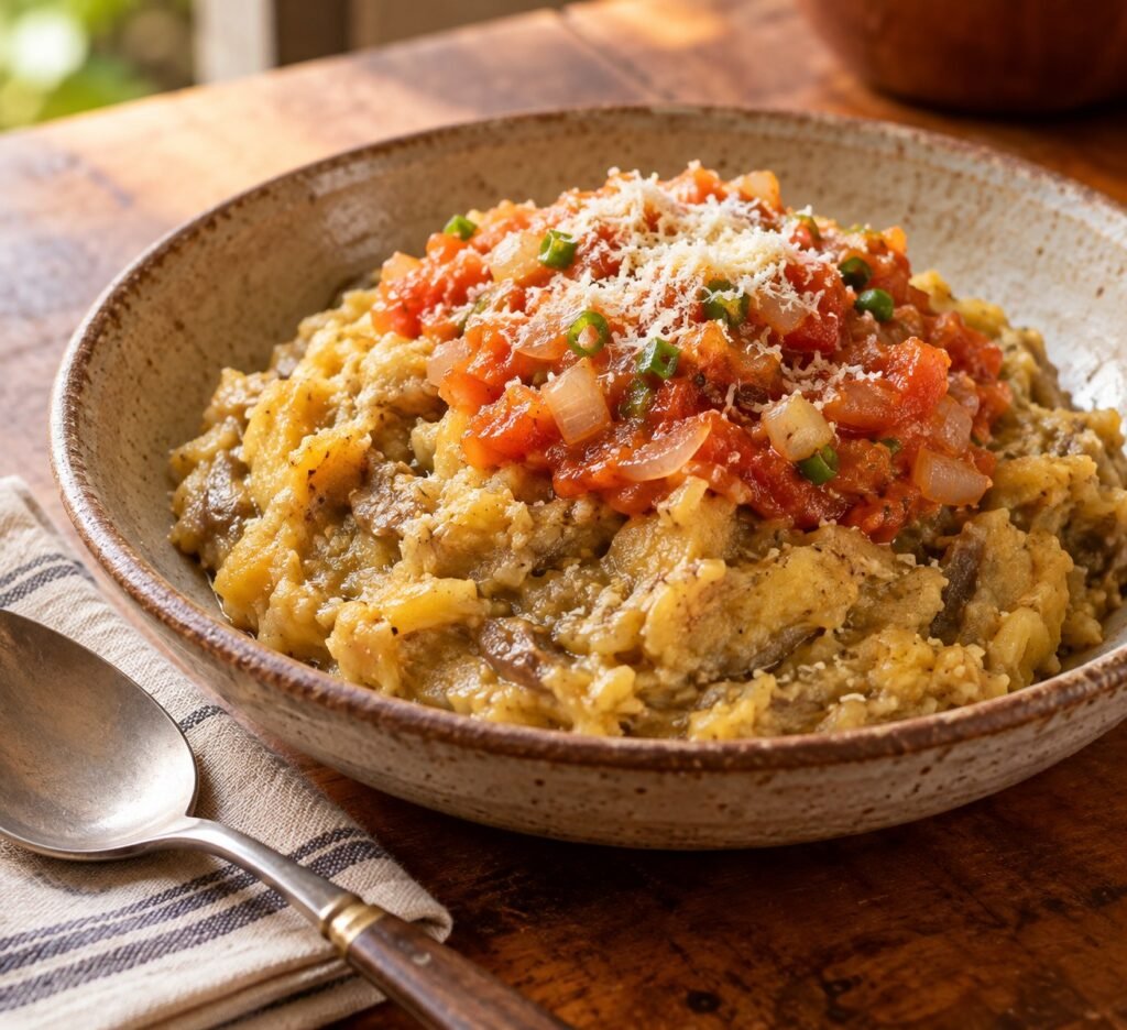 Boronía colombiana de berenjena y plátano maduro, cubierta con hogao de tomate y cebolla larga y queso parmesano rallado en un cuenco de cerámica.