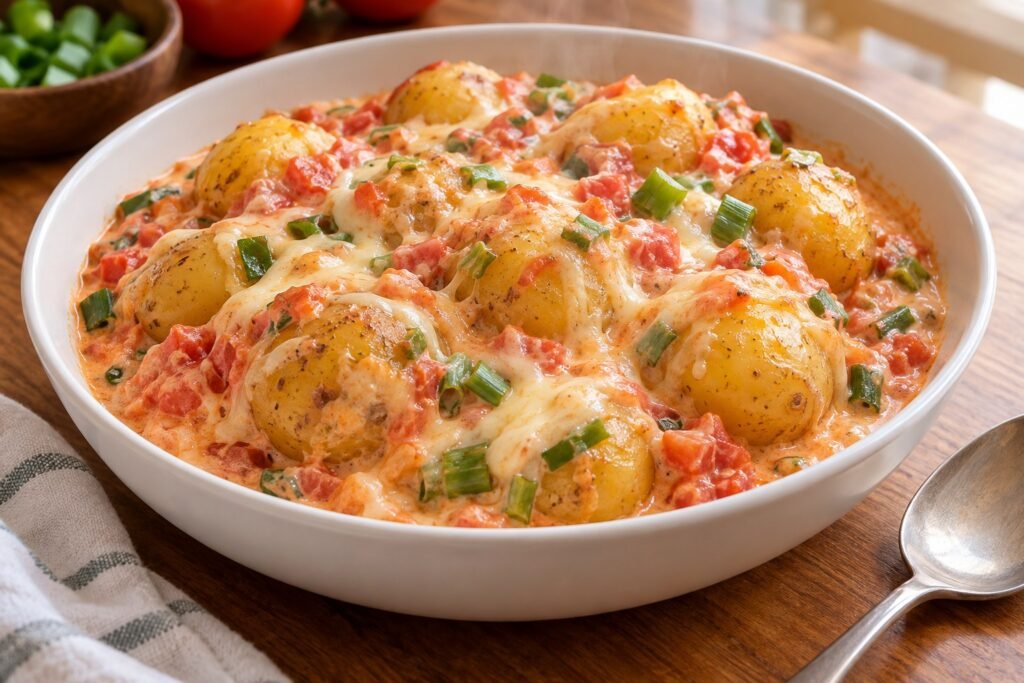 Papas chorreadas colombianas cubiertas con salsa cremosa de tomate, cebolla larga y queso mozzarella, servidas en una fuente blanca.
