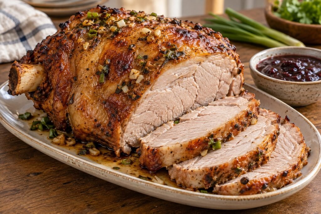 Pernil de cerdo dorado al horno con ajo y cebolla junca, cortado en tajadas y servido con salsa de ciruelas aparte.