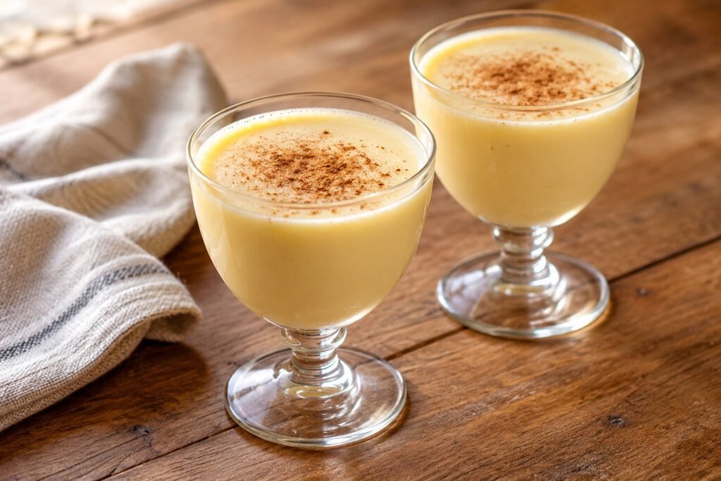 Dos copitas de sabajón colombiano cremoso, de color amarillo claro y con canela espolvoreada, sobre una mesa de madera.