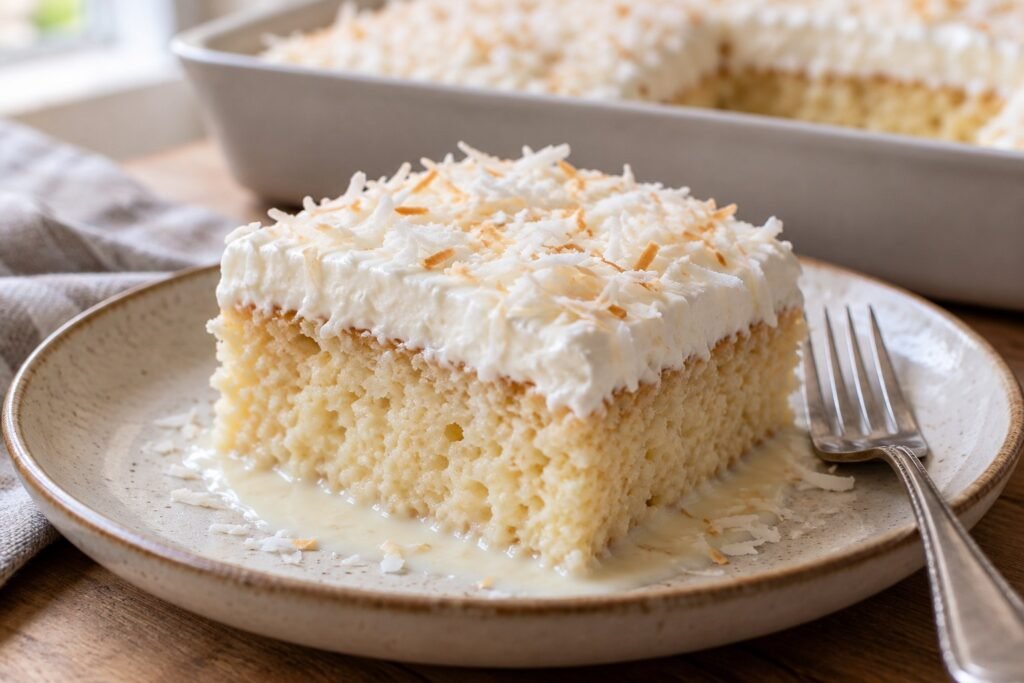 Porción de torta tres leches con coco, miga húmeda y cubierta de chantillí con coco rallado, servida en un plato con tenedor.