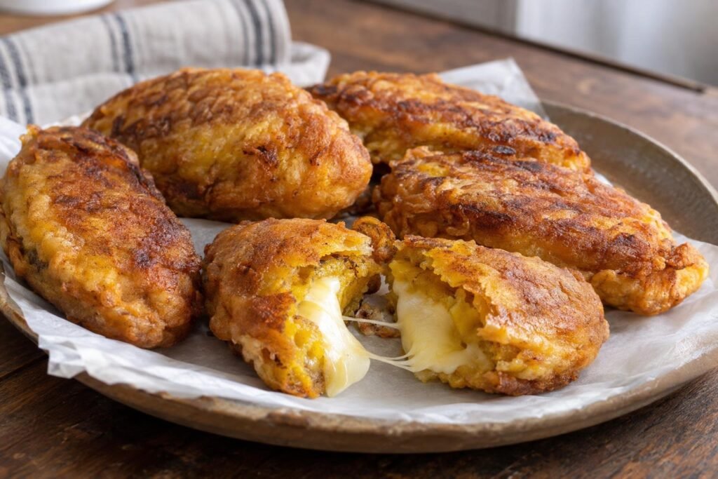 Aborrajados colombianos dorados de plátano maduro rellenos de queso fundido