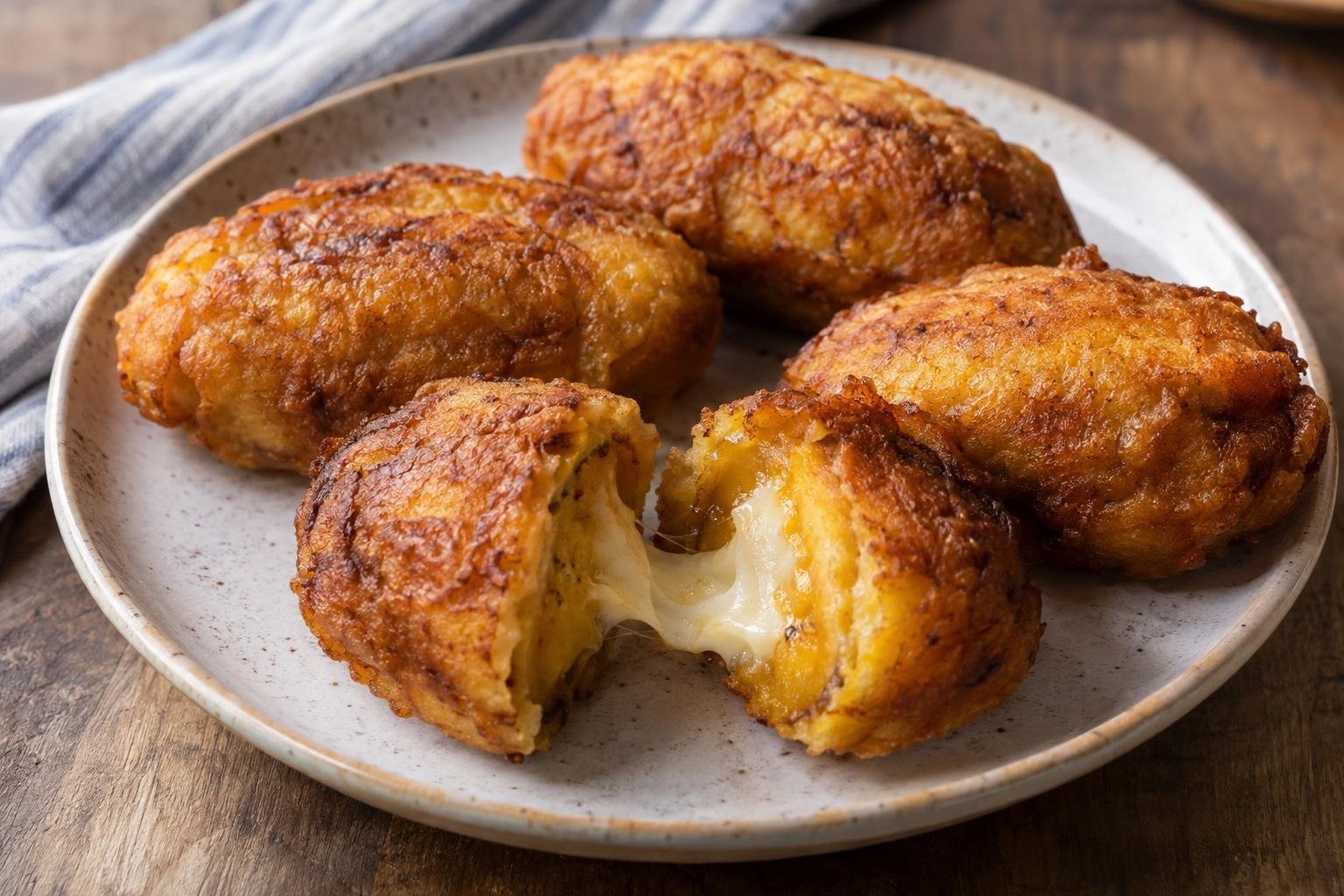 Aborrajados vallunos de plátano maduro rellenos de queso, dorados y fritos, uno abierto para mostrar el interior suave.