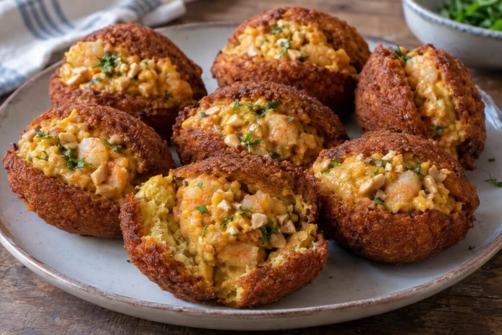 Acarajés brasileños dorados abiertos y rellenos de vatapá cremoso con camarones, coco y maní.