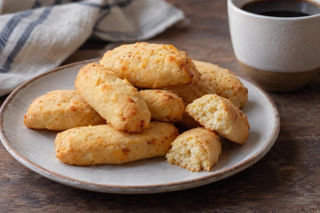 Achiras huilenses pequeñas de almidón y queso, ligeramente doradas y servidas junto a una taza de café.
