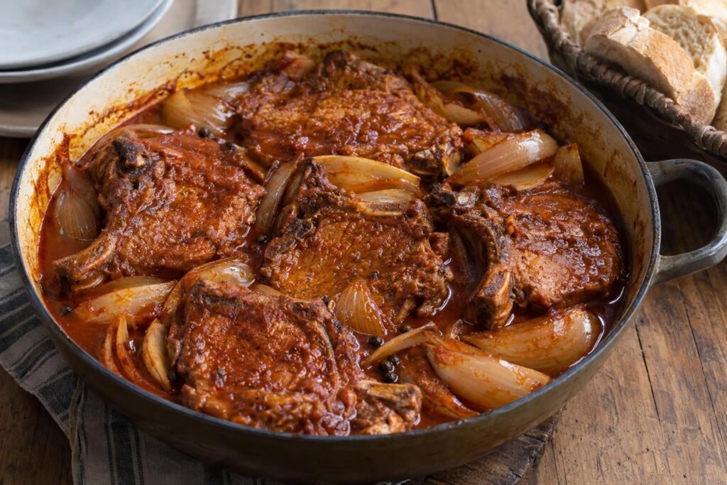 Chuletas de cerdo tiernas en salsa rojiza de ají panca y chicha de jora, acompañadas de cebolla y pan.