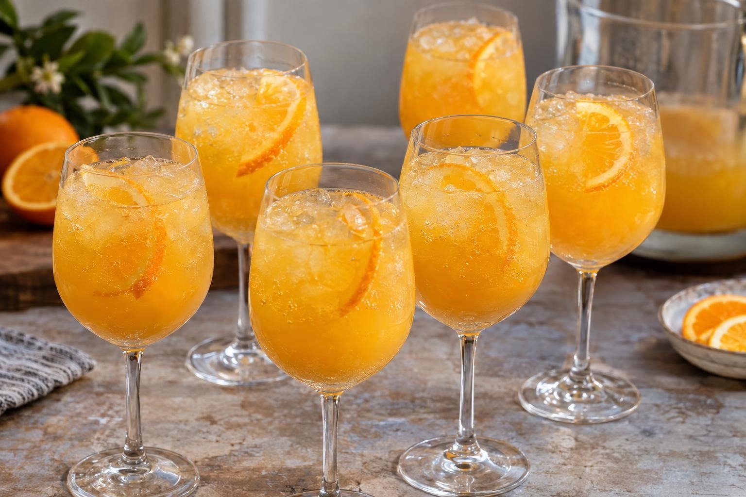 Copas de Agua de Valencia con zumo de naranja, cava, vodka y hielo triturado