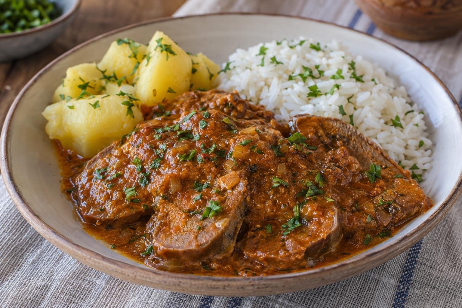 Ají de lengua boliviano servido con tajadas de lengua de res en salsa de ají colorado, papa cocida y arroz blanco.