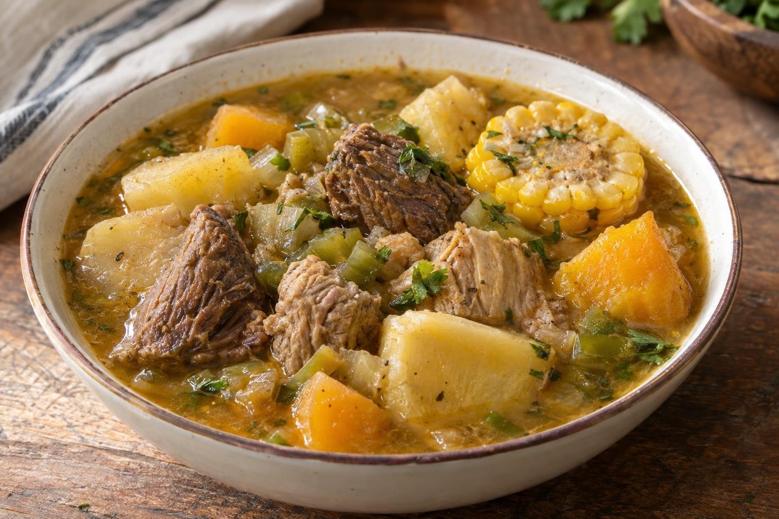 Plato hondo de ajiaco cubano con res, cerdo, yuca, malanga, plátano verde, calabaza y mazorca en caldo espeso.