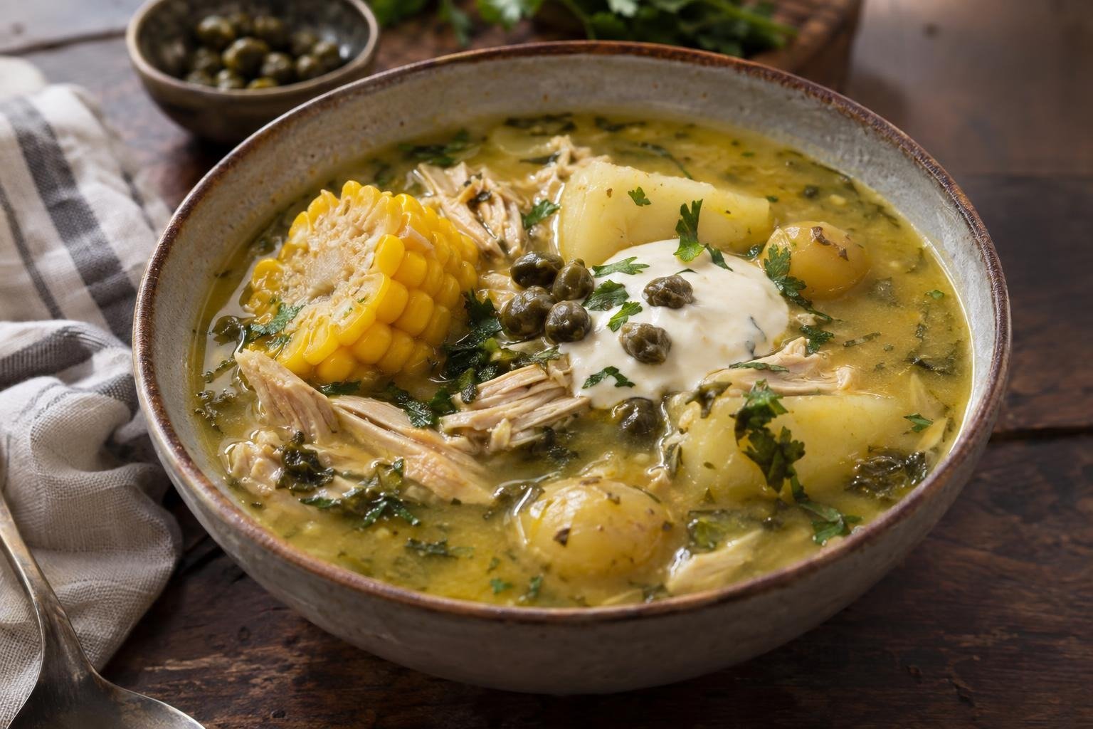 Ajiaco santafereño colombiano con pollo, tres tipos de papa, mazorca, crema de leche y alcaparras servido en un plato hondo.