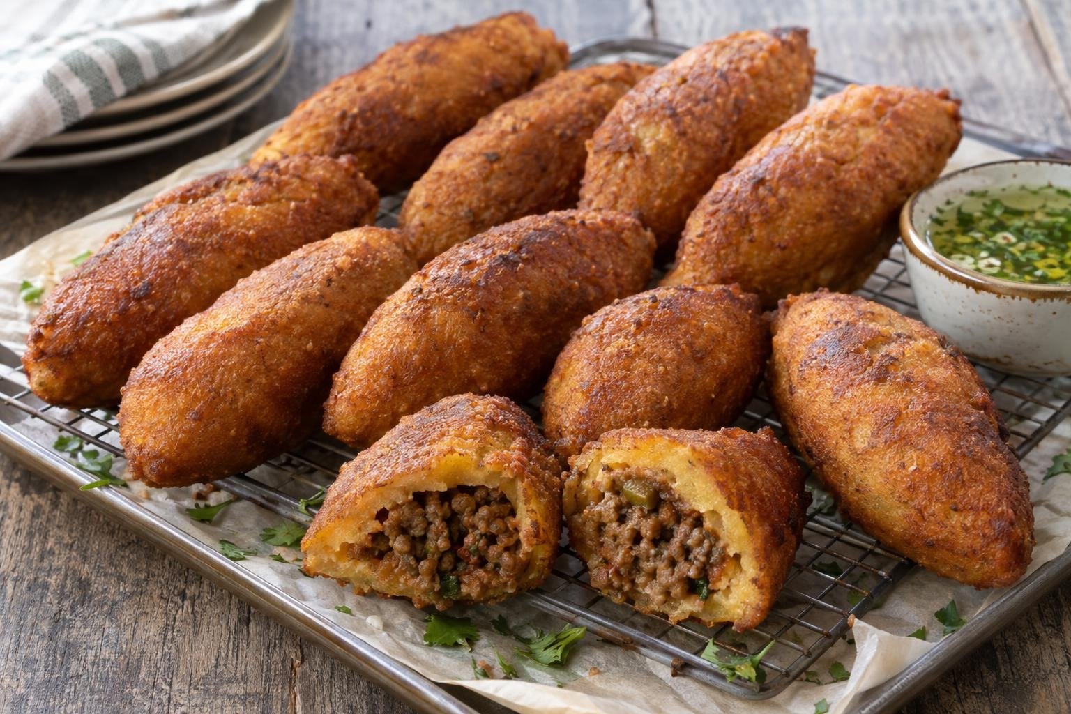 Alcapurrias puertorriqueñas alargadas y doradas, rellenas de picadillo de res y servidas con salsa de ajo.