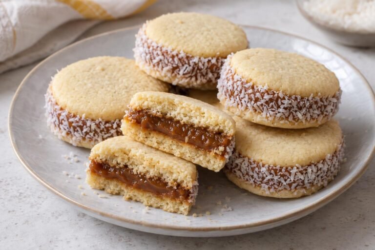Alfajores argentinos redondos rellenos de dulce de leche y cubiertos con coco rallado en los bordes.