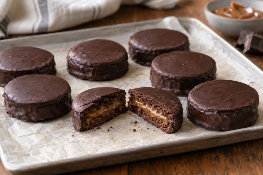 Alfajores redondos de chocolate rellenos de arequipe bajo en azúcar y cubiertos con chocolate oscuro sin azúcar añadida, uno partido para mostrar el centro cremoso.