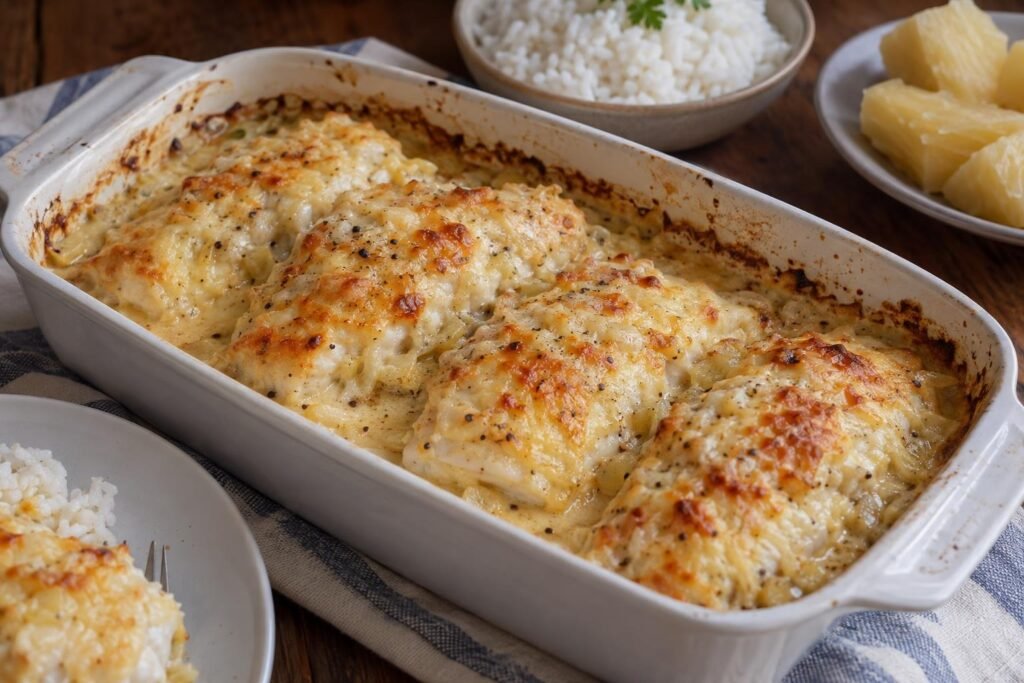 Filetes de pescado amarillo del Meta cubiertos con salsa cremosa y queso gratinado en una fuente para horno