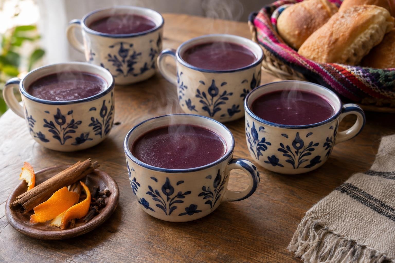 Tazas de api morado boliviano caliente, una bebida espesa de maíz morado con canela, clavo y naranja.