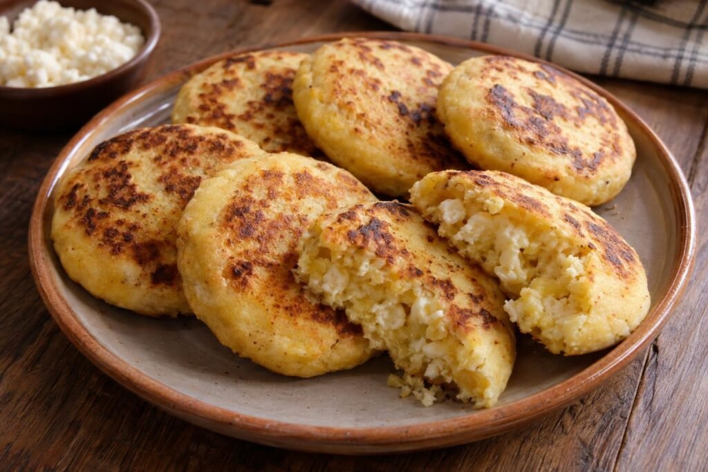 Arepas boyacenses redondas de maíz y queso, doradas en sartén y servidas calientes sobre un plato.