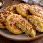 Arepas boyacenses redondas de maíz y queso, doradas en sartén y servidas calientes sobre un plato.