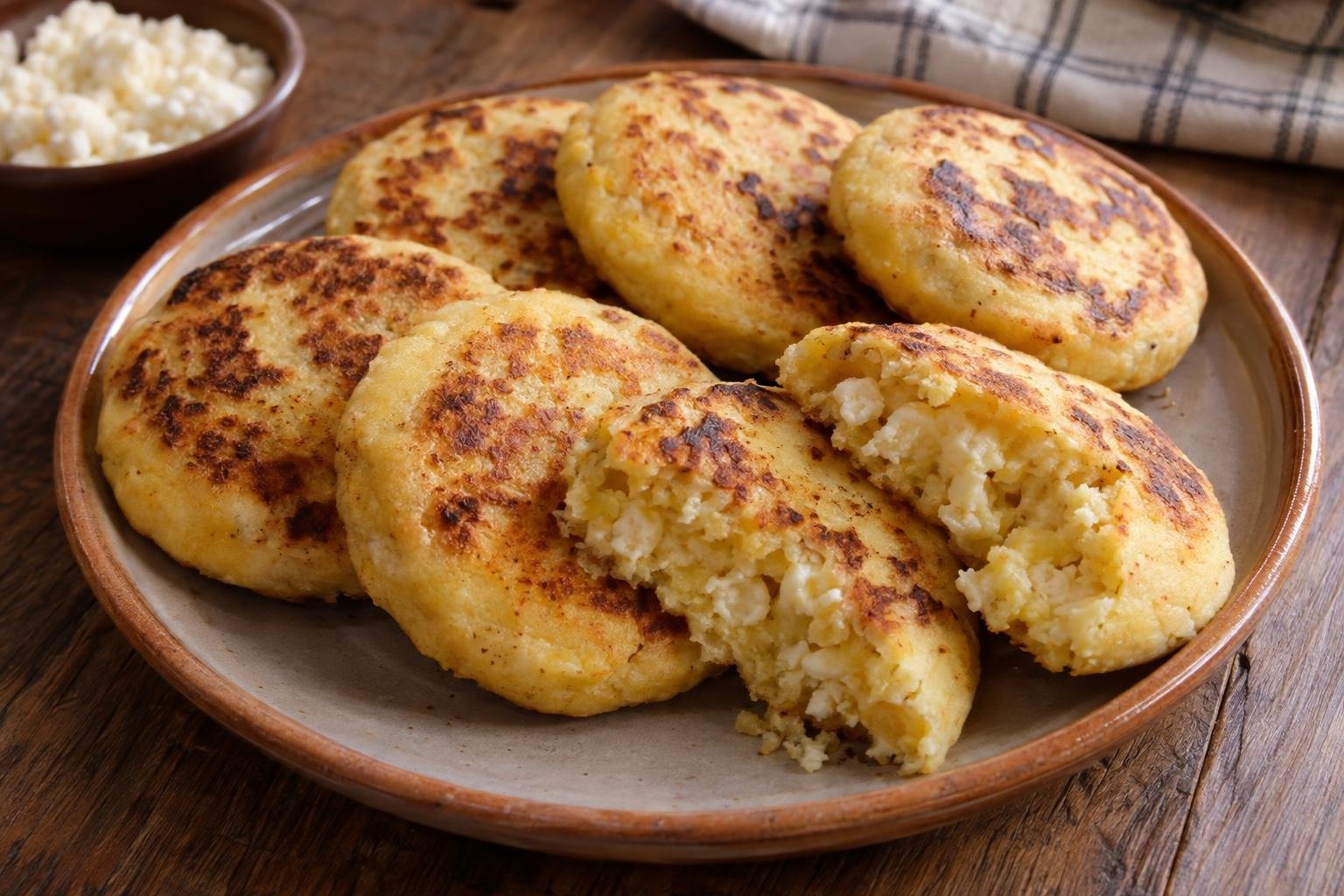 Arepas boyacenses redondas de maíz y queso, doradas en sartén y servidas calientes sobre un plato.