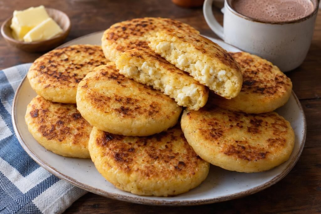 Arepas boyacenses gruesas y doradas con queso campesino, una de ellas abierta para mostrar el centro tierno