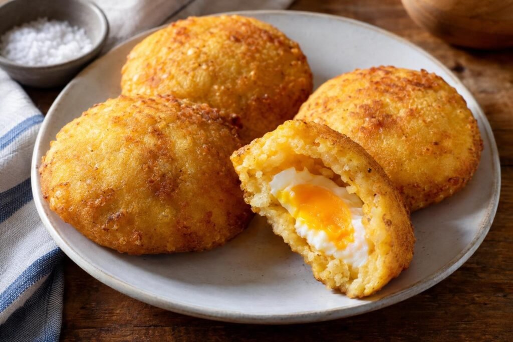 Arepa de huevo costeña dorada y crujiente, abierta para mostrar el huevo cocido dentro de la cámara de maíz.