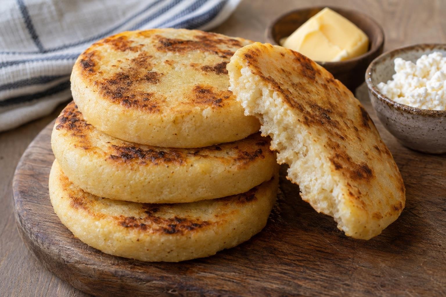 Arepas llaneras de maíz doradas y tiernas servidas con mantequilla y queso fresco.