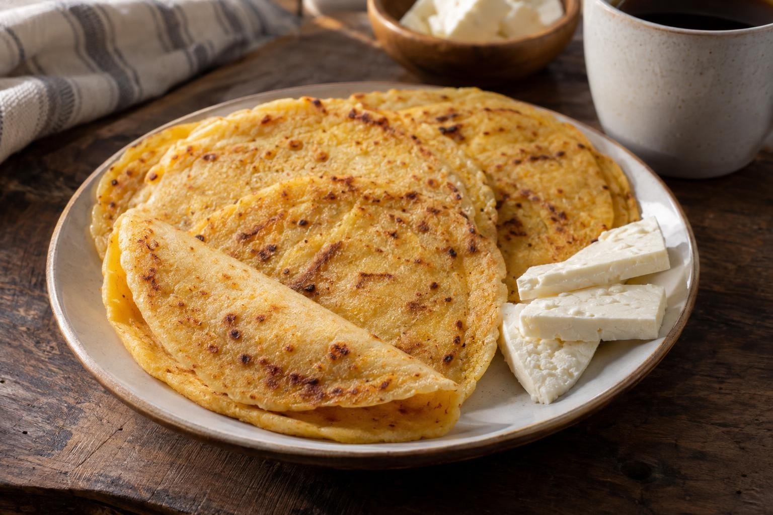 Arepas orejiperro huilenses delgadas de maíz, ligeramente doradas y servidas con queso.