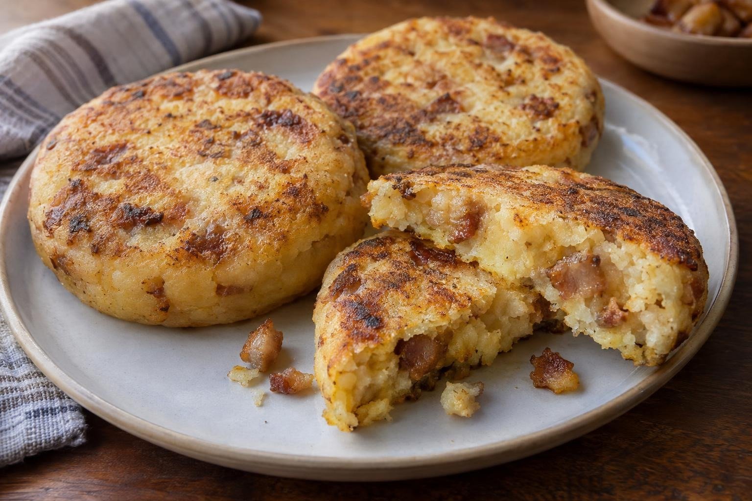 Arepas santandereanas doradas de maíz con yuca y chicharrón, una de ellas abierta para mostrar el interior tierno.